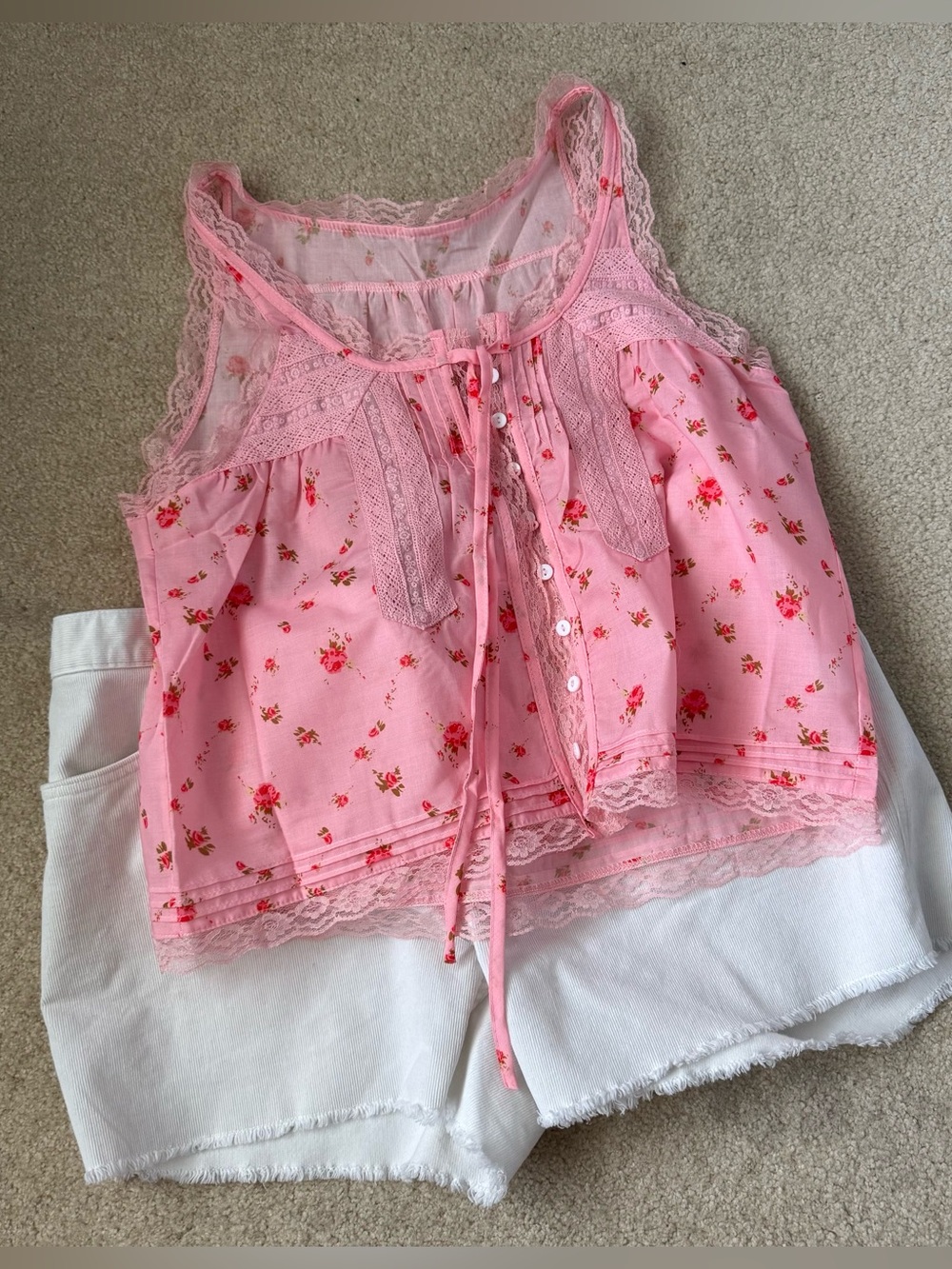 Pink Floral Lace-Trim Sleeveless Top